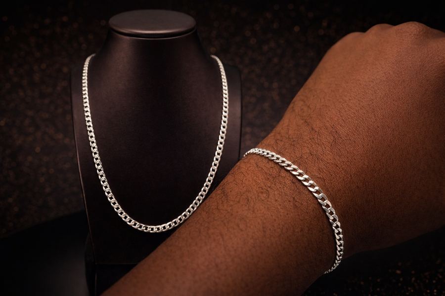 Conjunto Masculino Corrente e Pulseira Grumet Prata 925 Legítima 2mm