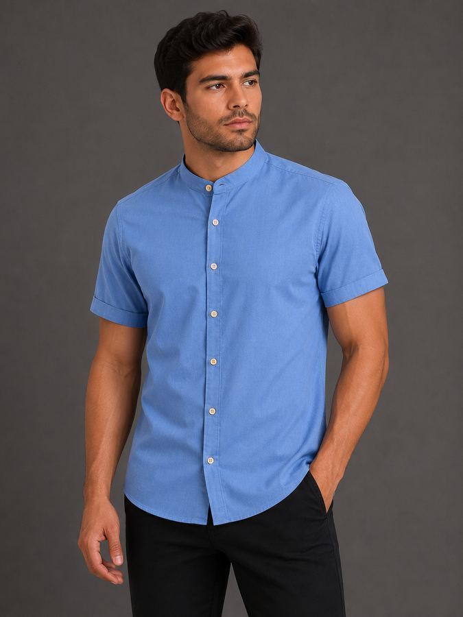 Camisa de Botão Gola Padre Azul