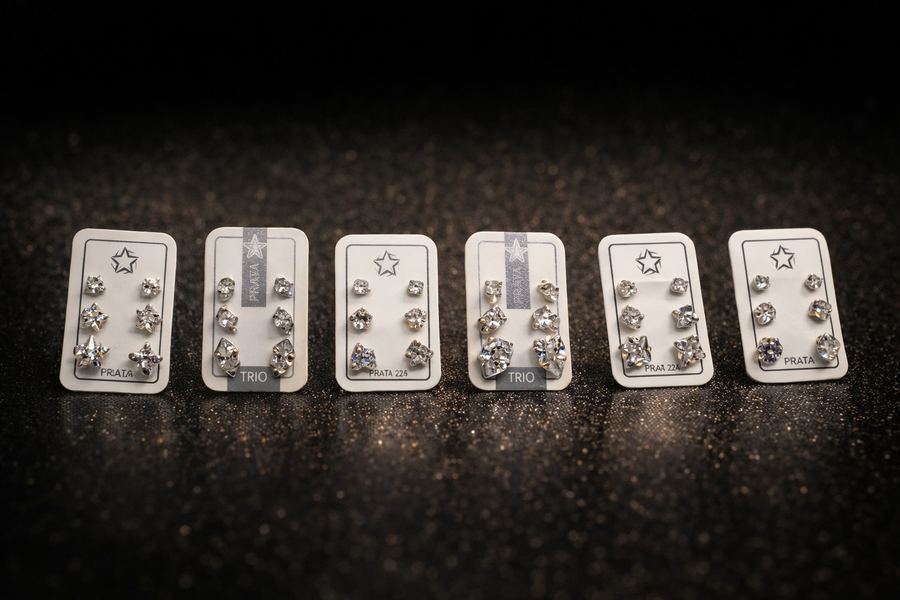 Trio de Brincos Prata 925 Zircônia Cristal P, M, G - Kit 3 Furos