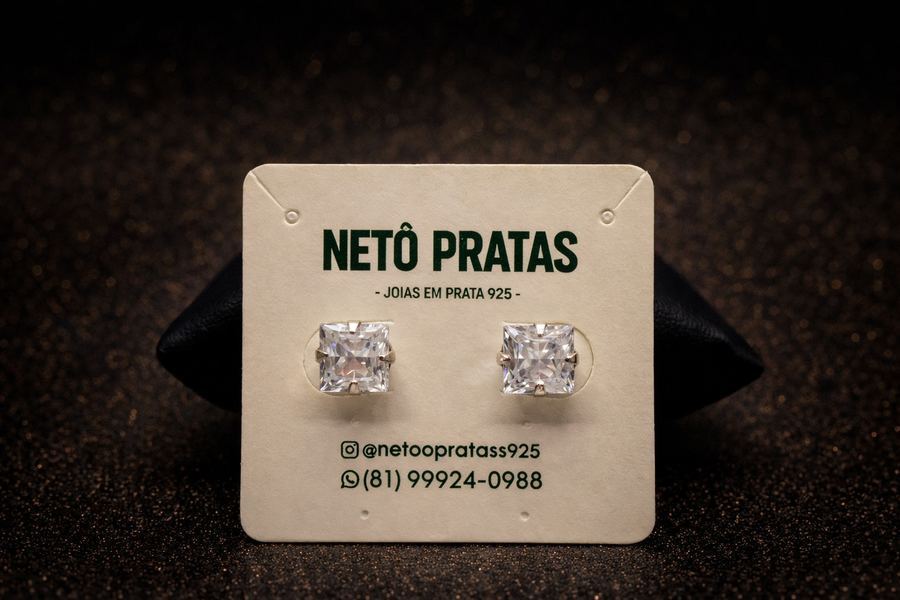 Brinco Prata 925 Ponto de Luz Quadrado Zircônia Cristal 6mm