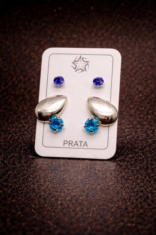 Trio de Brincos Prata 925 Tons de Azul - Gota Lisa + Safira + Topázio