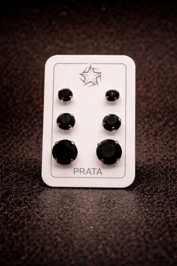 Trio de Brincos Prata 925 Zircônia Preta P, M, G - Kit Rock Glam