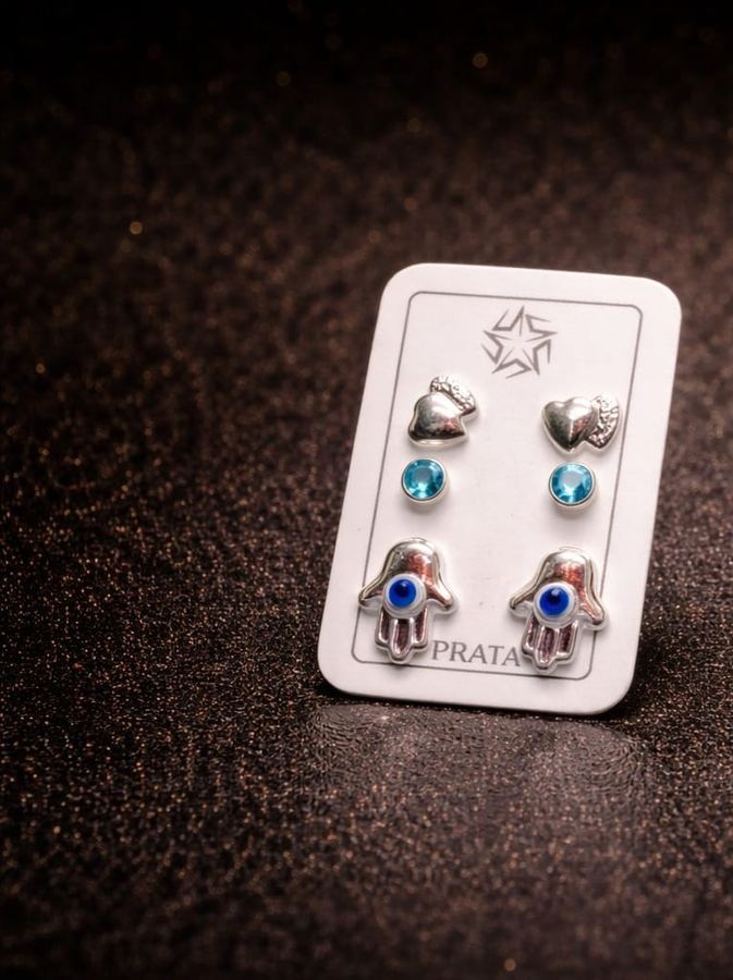 Trio de Brincos Prata 925 Amuleto - Mão de Fátima Hamsá + Coração + Ponto Azul
