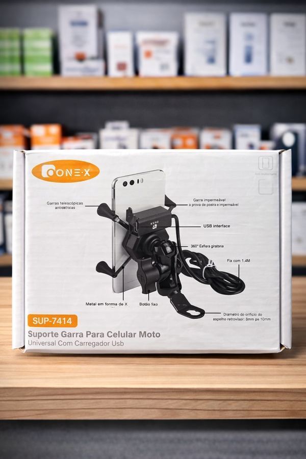 Suporte de Celular com Carregador 2.4a USB Garra para Moto Fixação no Retrovisor ou Parafuso do Guidão