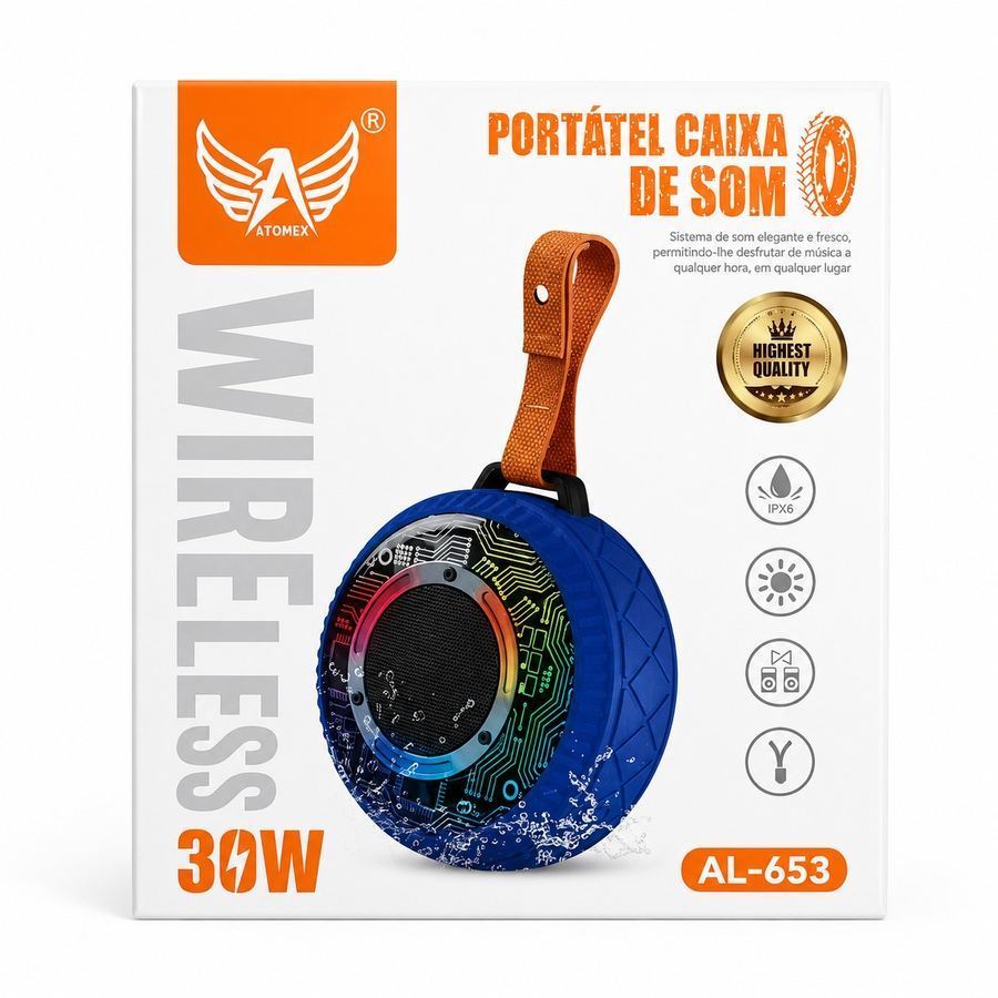 Caixa de Som Bluetooth Atomex AL-653 30W RGB à Prova D'água IPX6