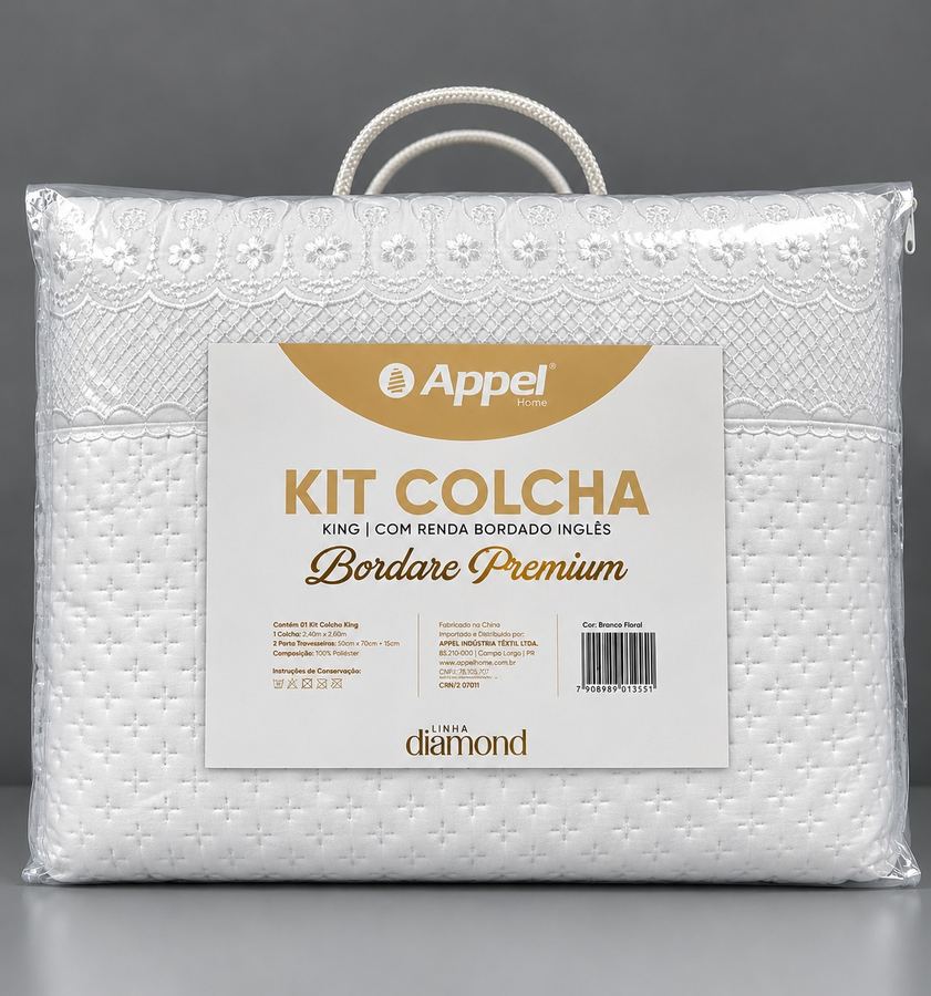 Kit Colcha King Appel Bordare Premium 3 Peças - Renda Bordado Inglês - Branco