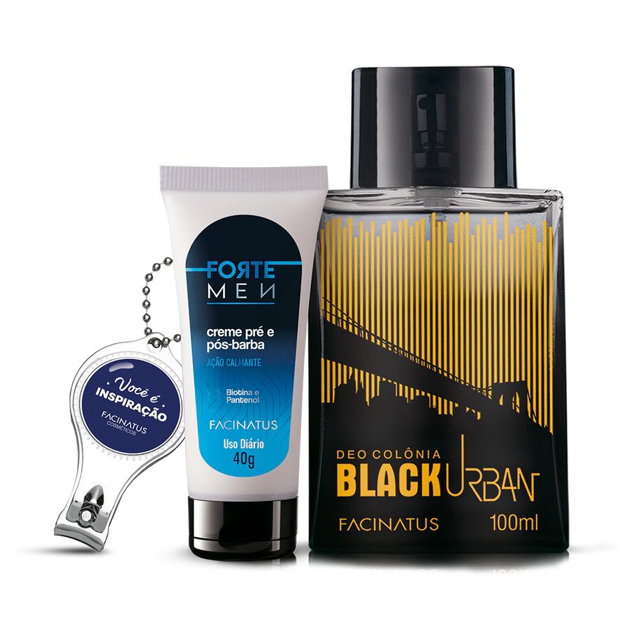 KIT BLACK URBAN (COLONIA + CREME PRÉ E PÓS BARBA + CHAVEIRO 3 EM 1)