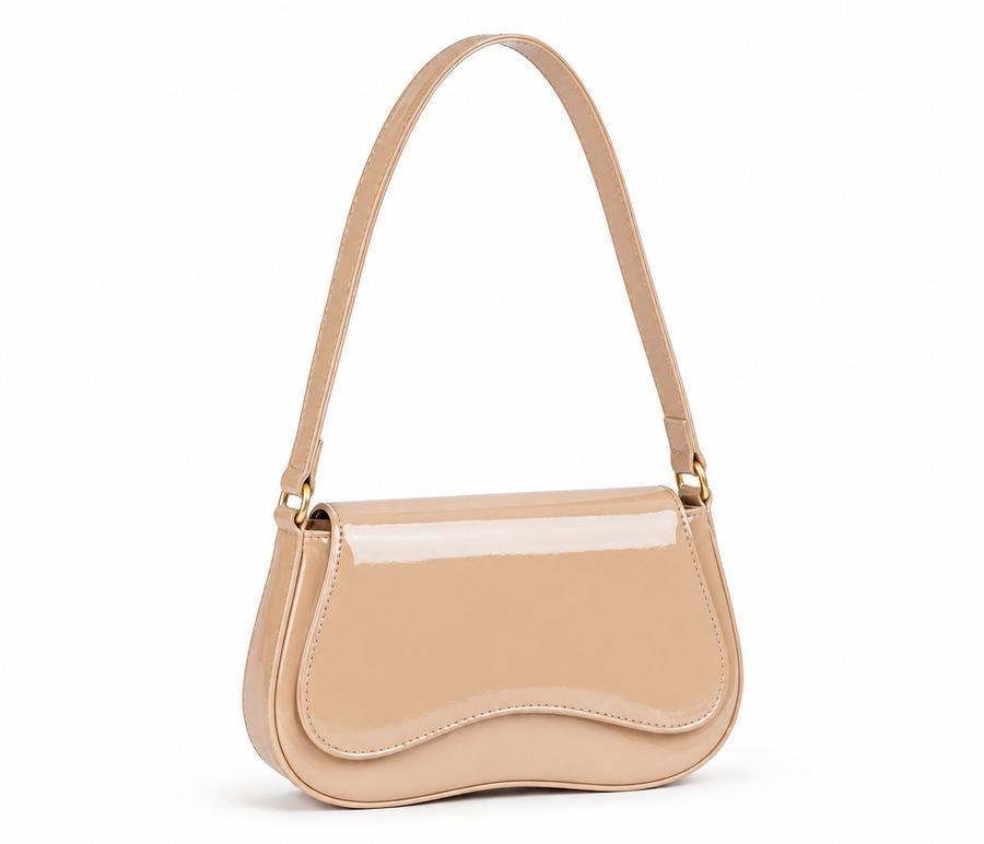 Bolsa Feminina Nude Verniz com Aba Ondulada