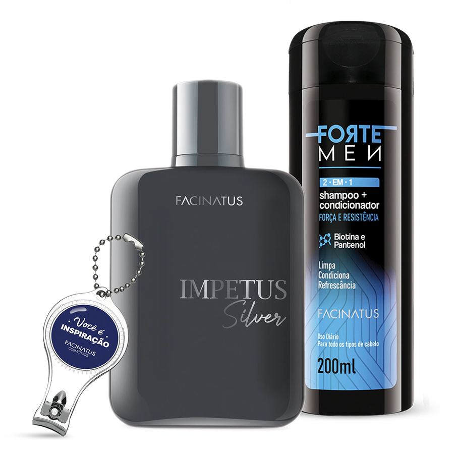 KIT IMPETUS SILVER (COLONIA + SHAMPOO FORTE MEN+ CHAVEIRO 3 EM 1)