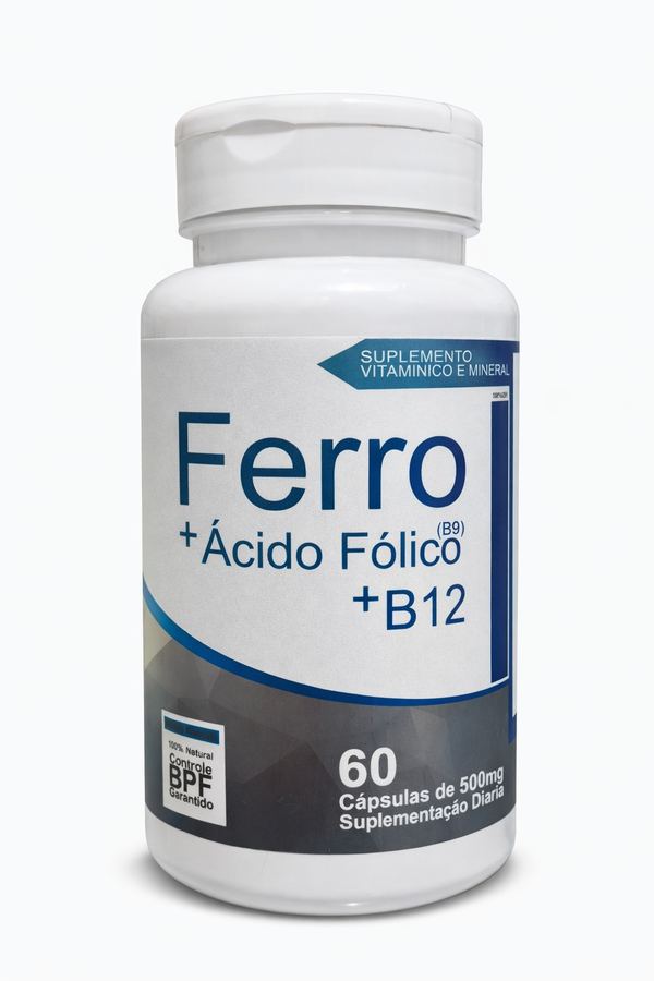 Ferro + Ácido Fólico (B9) + B12 – 60 Cápsulas (500mg)