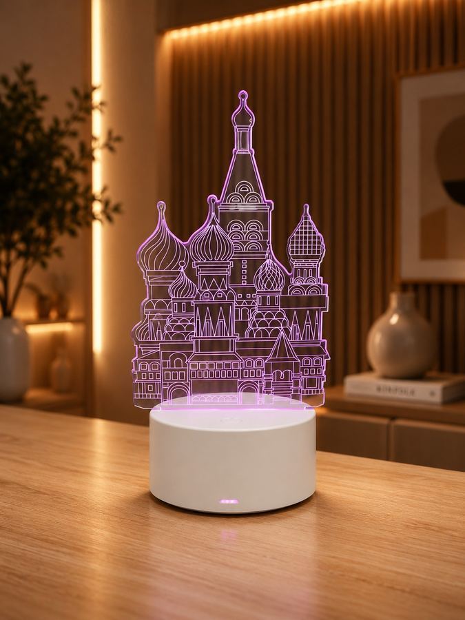 Luminária 3D Catedral São Basílio LED | Abajur Decorativo Moscou Acrílico | Luz Noturna Roxa Ilusão |