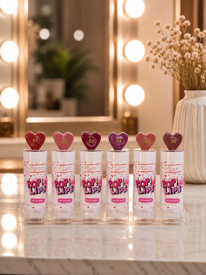 Batom Matte Pop Lips – 6 Tons Intensos com Tampa de Coração