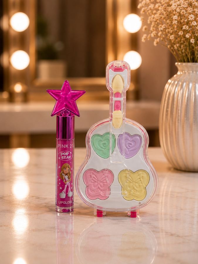 Kit de Maquiagem Infantil Pink 21 Pop Star – Paleta Violão + Lip Gloss Estrela
