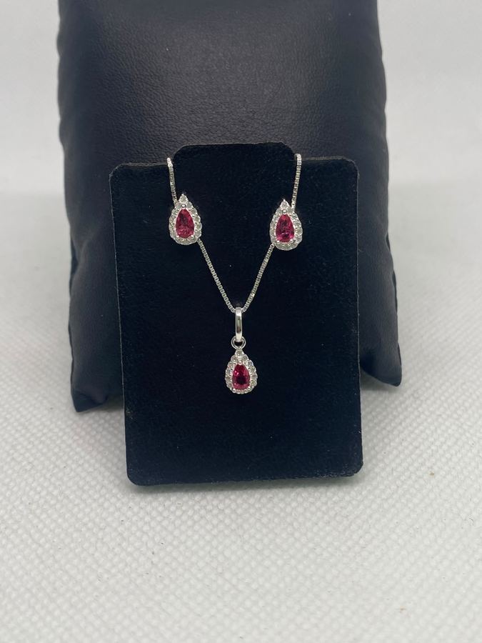 Conjunto Colar e Brinco Gota Rubi Prata 925 Cravejado Zircônias