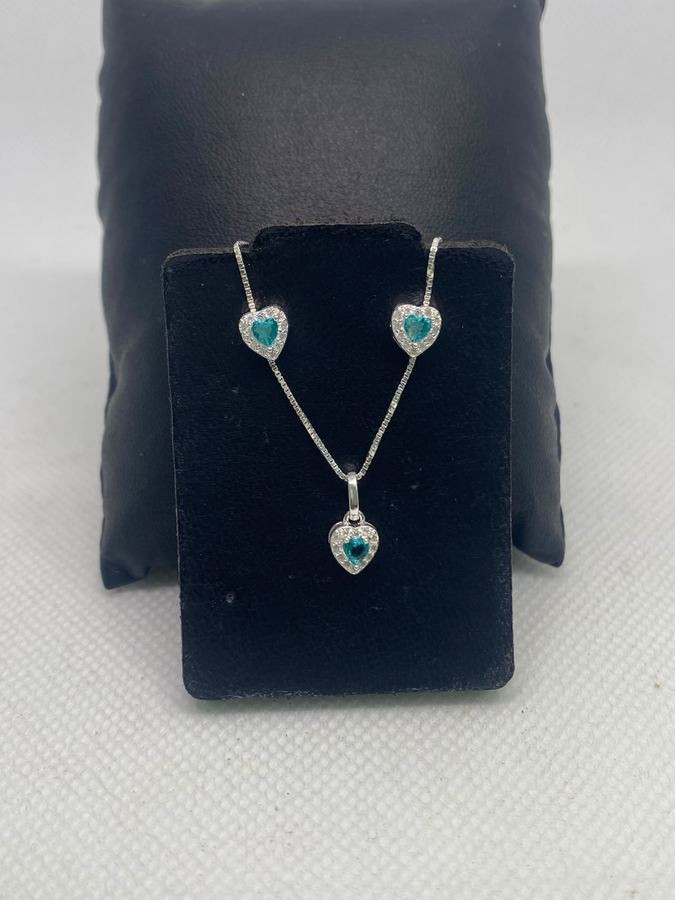 Conjunto Colar e Brinco Coração Verde Esmeralda Prata 925 Cravejado