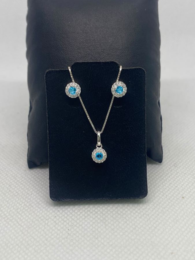 Conjunto Colar e Brinco Ponto de Luz Azul Safira Prata 925