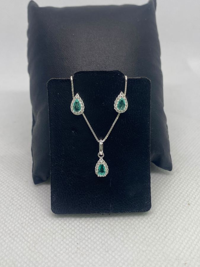 Conjunto Colar e Brinco Gota Verde Turmalina Prata 925 Cravejado