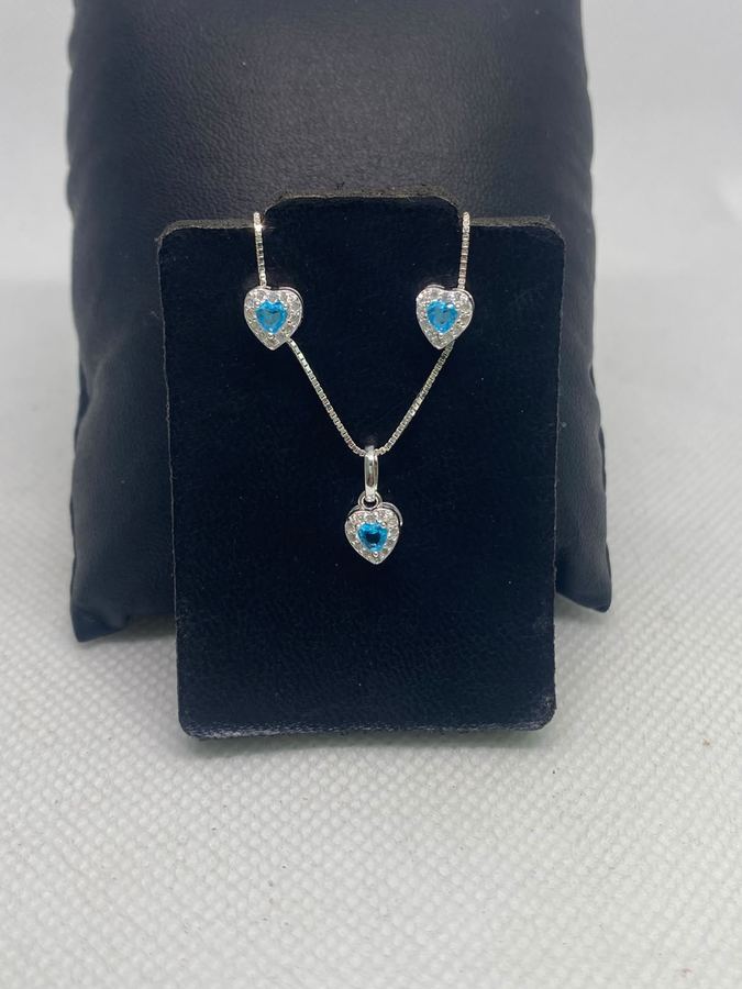 Conjunto Colar e Brinco Coração Azul Topázio Prata 925 Cravejado