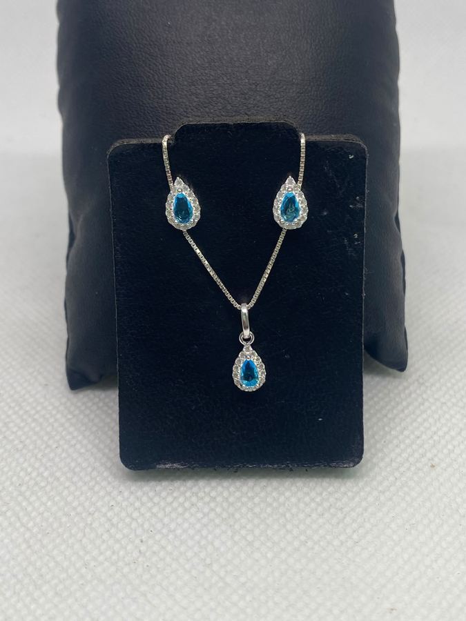 Conjunto Colar e Brinco Gota Azul Tiffany Prata 925 Cravejado