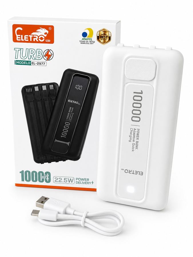 Power Bank 10000mAh Eletro MEX Turbo EL-2977 | 22.5W Turbo | 4 Cabos Embutidos | Display Digital