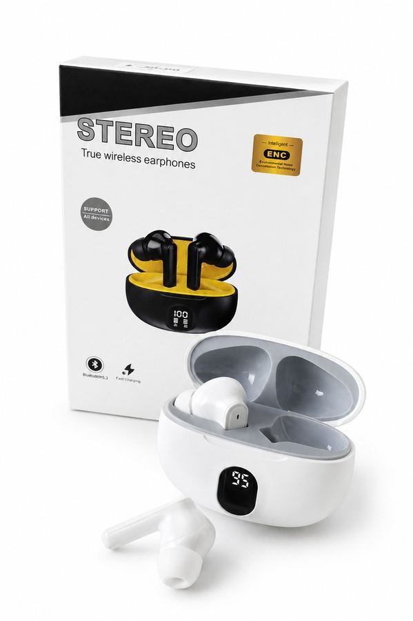 Fone Bluetooth TWS Stereo Esportivo Preto/Amarelo | Cancelamento ENC | Display Digital | Fast Charging