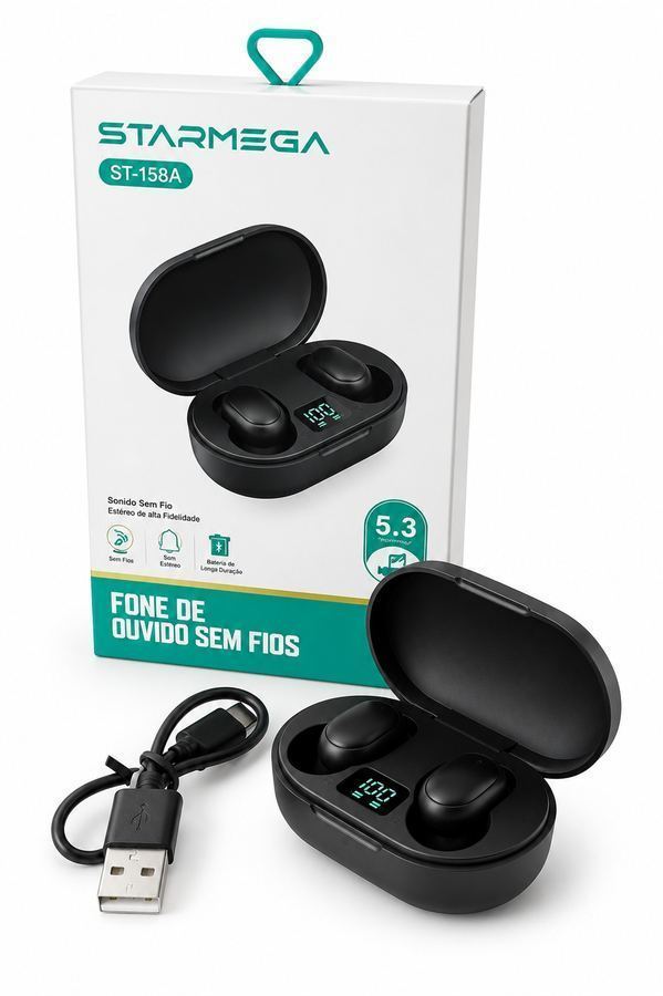 Fone de Ouvido Bluetooth Starmega ST-158A | Homologado Anatel | Display Digital | Preto