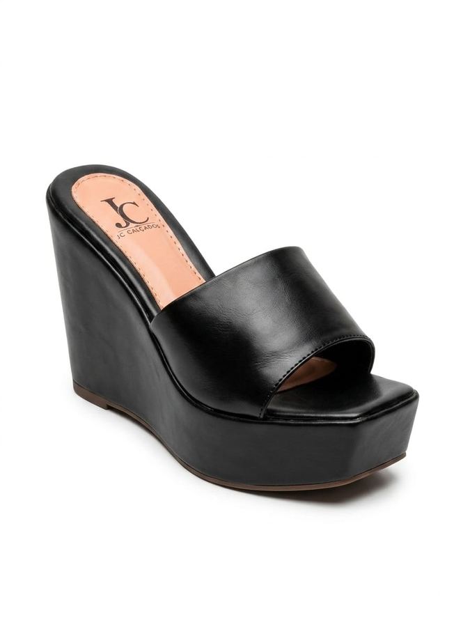 Tamanco Feminino Anabela Plataforma Preto com Tira Larga