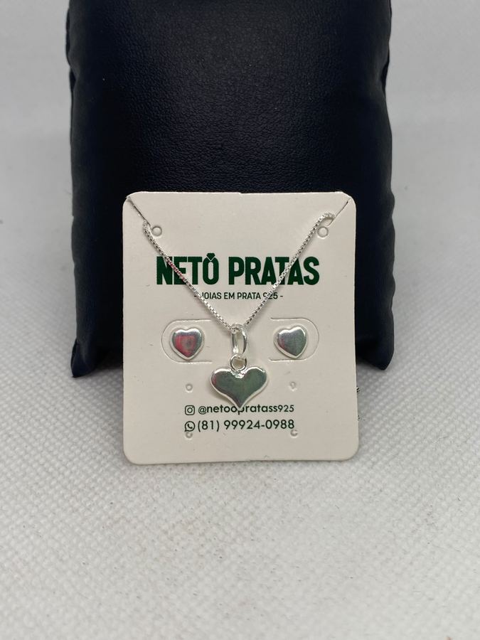 Conjunto Coração Clássico em Prata 925 – Colar + Brincos