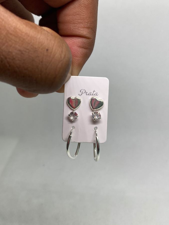 Kit 3 Pares de Brincos em Prata – Coração, Ponto de Luz e Argola