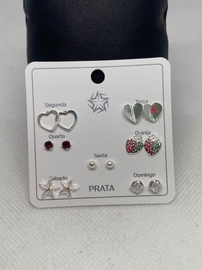 Kit Semaninha 7 Pares de Brincos em Prata – Corações, Morango, Estrela-do-Mar e Pedras