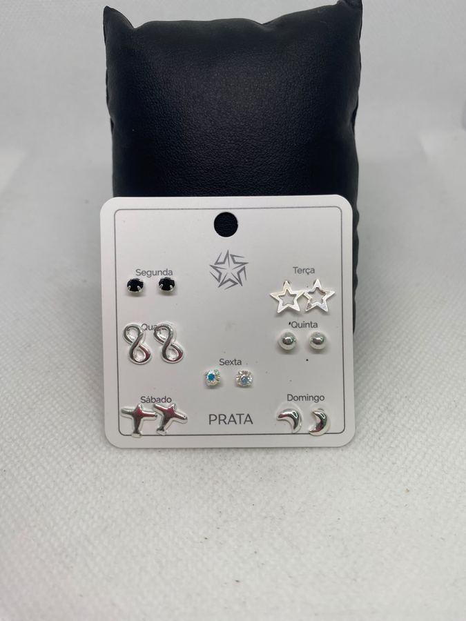 Kit Semaninha 7 Pares de Brincos em Prata – Estrela, Infinito, Lua e Modelos Variados