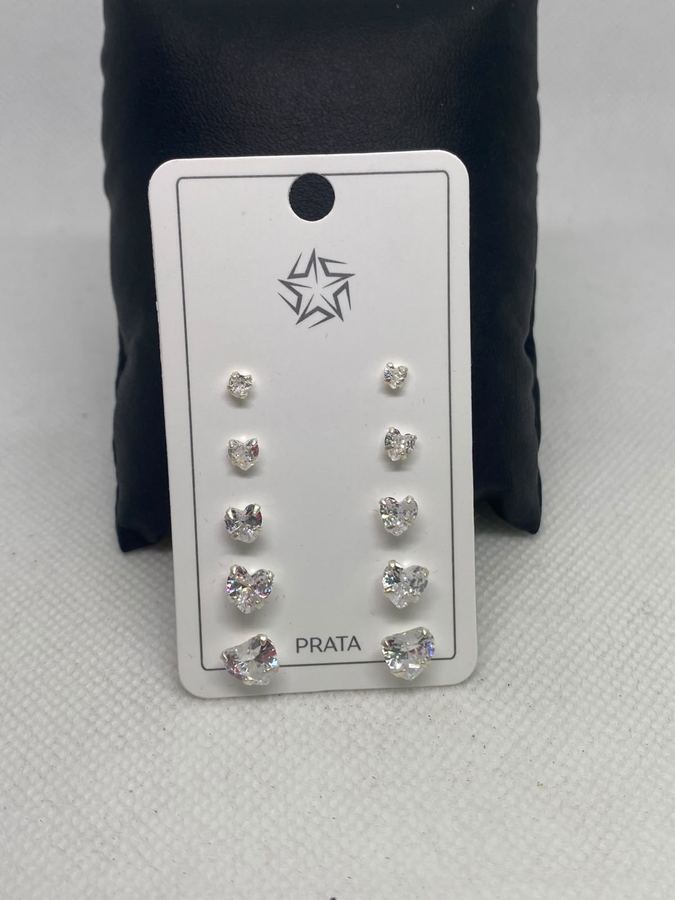 Kit 5 Pares Brinco Prata 925 Coração Zircônia