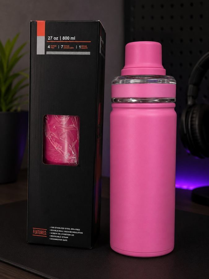 Garrafa Térmica Inox 800ml Rosa - 7h Gelada | 1h Quente Parede Dupla
