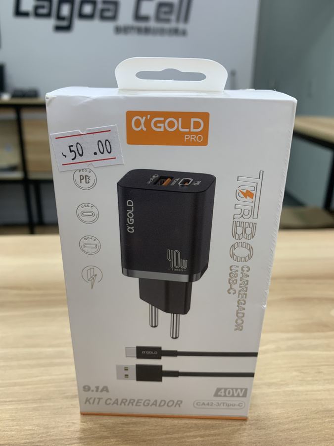 Kit Carregador Turbo A’Gold Pro 40W USB + USB-C com Cabo Tipo-C (CA42-3)